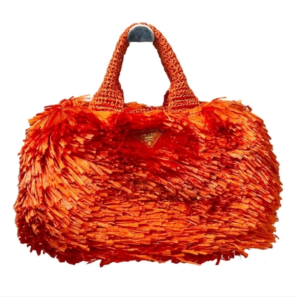 Prada Vintage Raffia Tote Bag in Orange and Gold - Picture 1 of 15